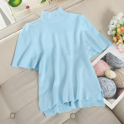 Γυναικεία πλεκτή μπλούζα με κολάρο και κοντό μανίκι