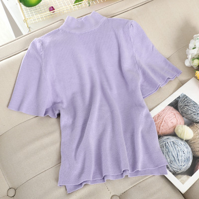 Γυναικεία πλεκτή μπλούζα με κολάρο και κοντό μανίκι