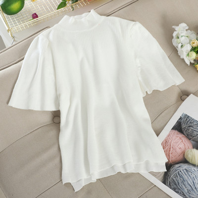 Γυναικεία πλεκτή μπλούζα με κολάρο και κοντό μανίκι