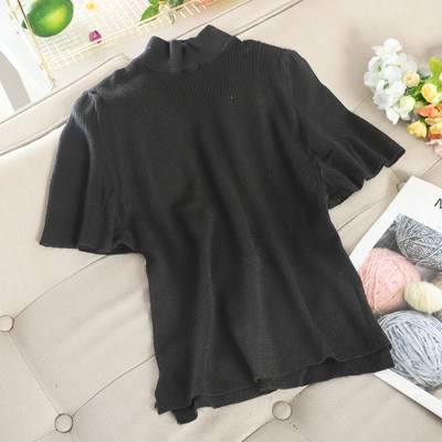 Γυναικεία πλεκτή μπλούζα με κολάρο και κοντό μανίκι