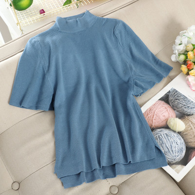 Γυναικεία πλεκτή μπλούζα με κολάρο και κοντό μανίκι