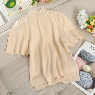 Γυναικεία πλεκτή μπλούζα με κολάρο και κοντό μανίκι