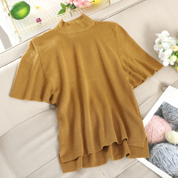 Γυναικεία πλεκτή μπλούζα με κολάρο και κοντό μανίκι