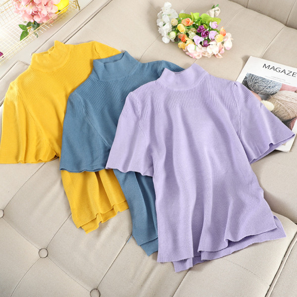 Γυναικεία πλεκτή μπλούζα με κολάρο και κοντό μανίκι