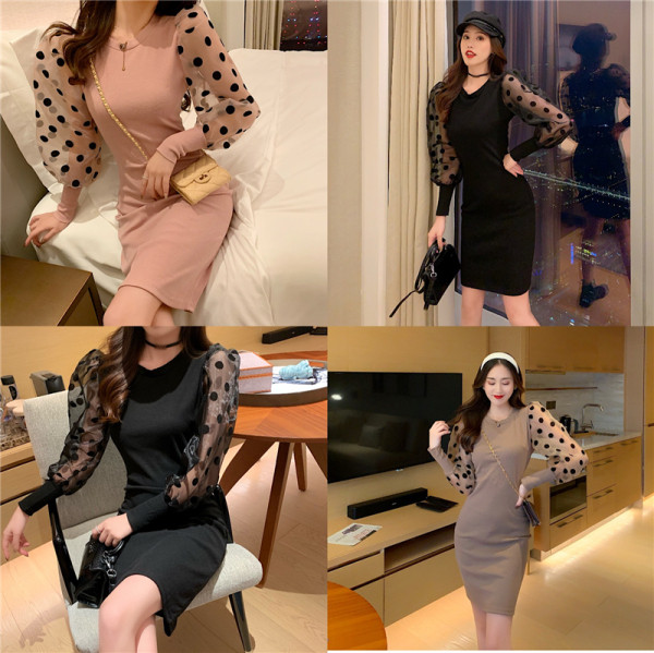 Testhezálló női ruha három színben, tüll ujjakkal