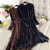 Stílusos női hosszú bársonyruha övvel, négy színben