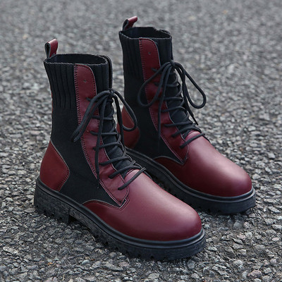 Καθημερινές γυναικείες έκο δερμάτινες μπότες με κορδόνια σε μαύρο και κόκκινο χρώμα