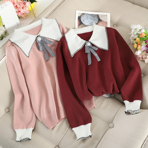 Modern női pulóver klasszikus gallérral és szalaggal