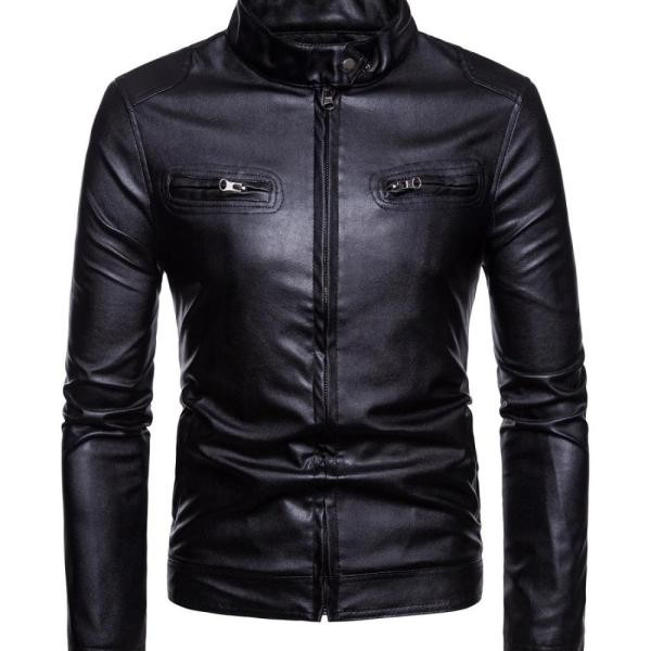 Alkalmi férfi bőrdzseki magas gallérral és fekete zsebekkel