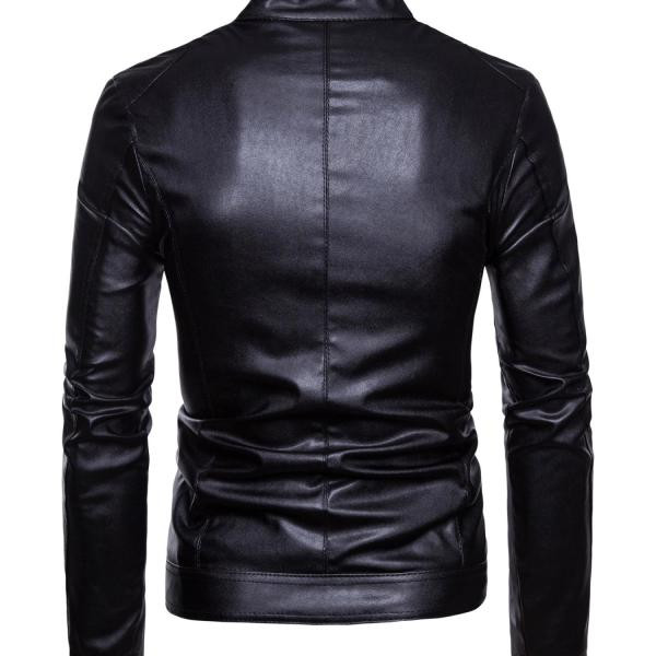 Alkalmi férfi bőrdzseki magas gallérral és fekete zsebekkel