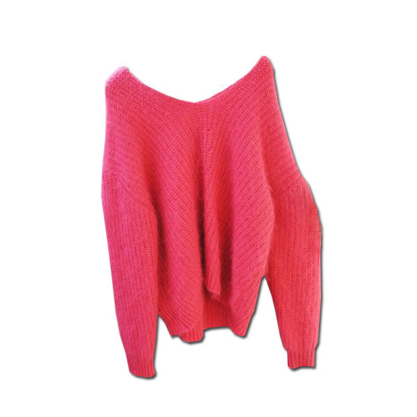 Női téli pulóver spitz nyakkivágással, rózsaszín színben