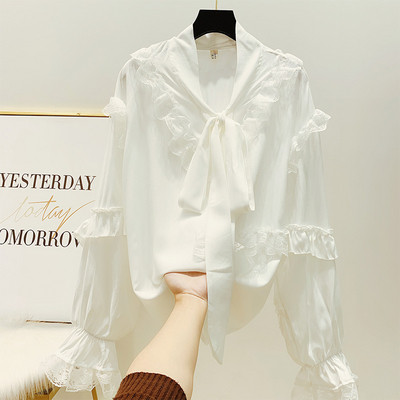 Κομψό γυναικείο πουκάμισο με  κορδέλα στον  γιακά, λευκό και πράσινο και μαύρο χρώμα