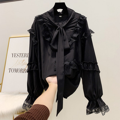 Κομψό γυναικείο πουκάμισο με  κορδέλα στον  γιακά, λευκό και πράσινο και μαύρο χρώμα