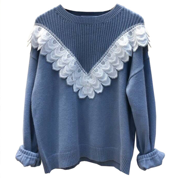 Modern női pulóver csipkével és kerek nyakkivágással