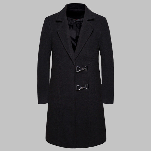 Modern férfi hosszú kabát fekete, szürke és piros zsebekkel