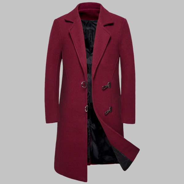Модерно мъжко дълго палто с джобове в черен,сив и червен цвят 