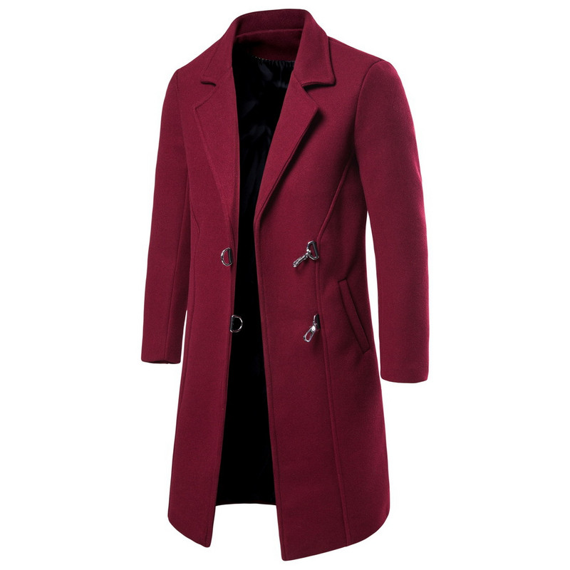 Modern férfi hosszú kabát fekete, szürke és piros zsebekkel