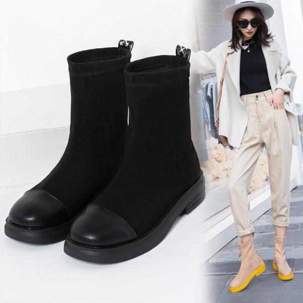 Női velúr csizma lapos talppal, fekete és bézs színben