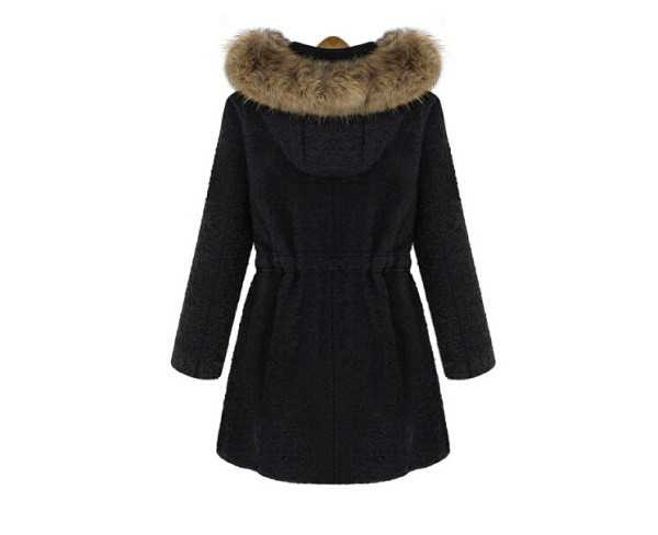 Modern női hosszú télikabát kapucnival és fekete pehellyel