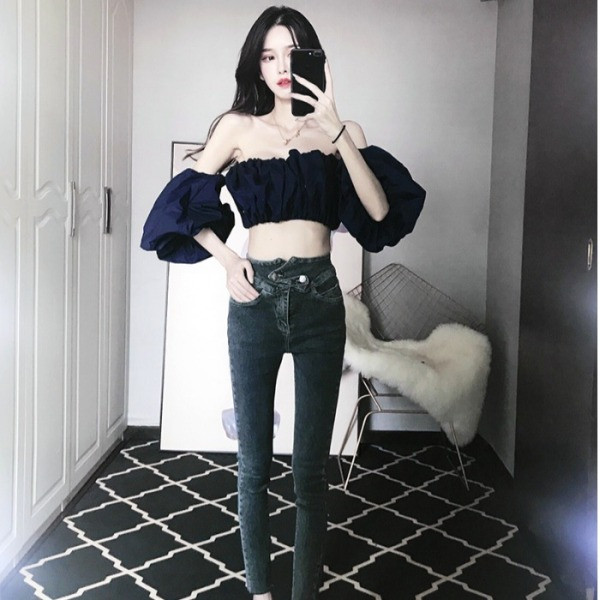 Blugi lungi de damă cu închidere asimetrică