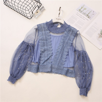 Μοντέρνα γυναικεία μπλούζα σε διάφορα χρώματα με πέρλες και δαντέλες