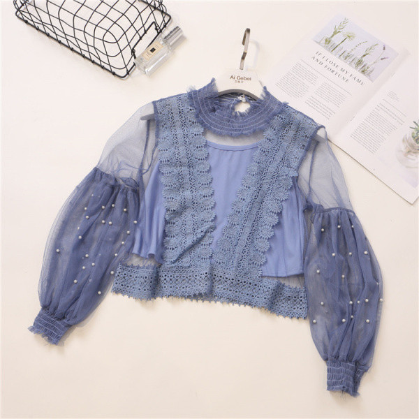 Μοντέρνα γυναικεία μπλούζα  σε διάφορα χρώματα με πέρλες και δαντέλες