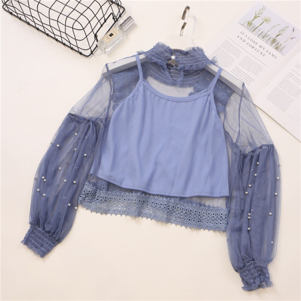 Μοντέρνα γυναικεία μπλούζα  σε διάφορα χρώματα με πέρλες και δαντέλες