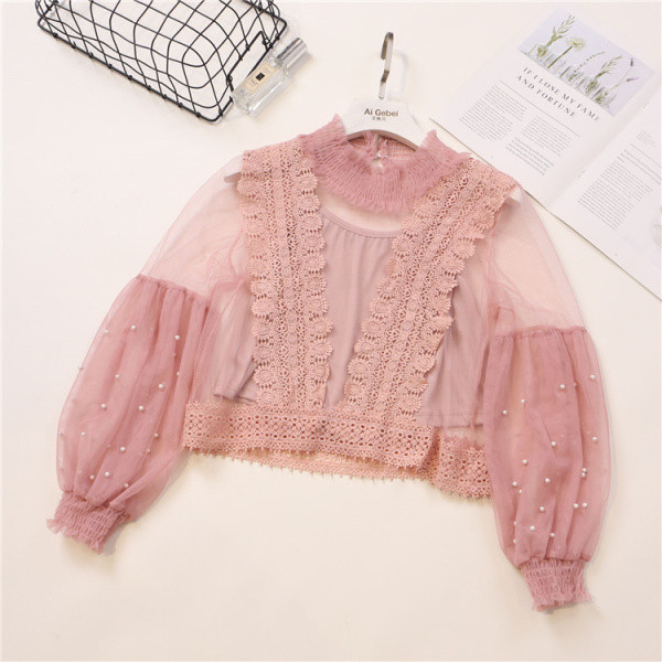 Μοντέρνα γυναικεία μπλούζα  σε διάφορα χρώματα με πέρλες και δαντέλες