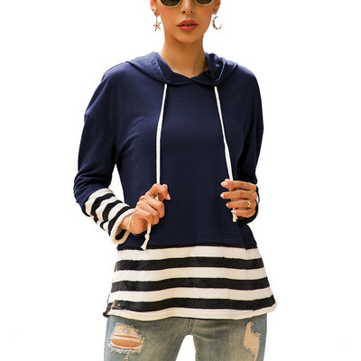 Hétköznapi női pulóver kapucnival és nyakkendővel kék, piros és szürke színben