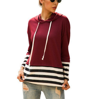 Hétköznapi női pulóver kapucnival és nyakkendővel kék, piros és szürke színben