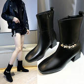 Cizme de dama elegante din piele cu toc gros si element metalic