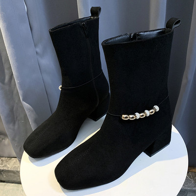 Cizme de dama elegante din piele cu toc gros si element metalic