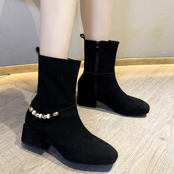 Cizme de dama elegante din piele cu toc gros si element metalic