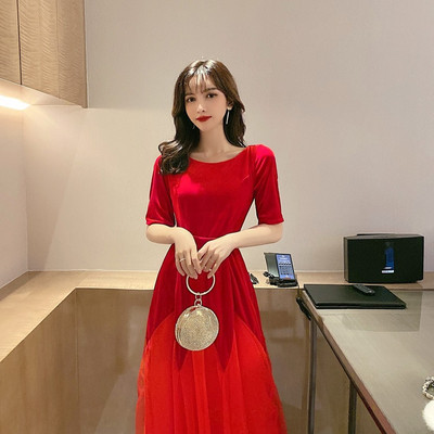 Γυναικεία μακρύ βελούδο και τούλι φόρεμα σε κόκκινο και μπλε χρώμα