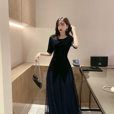 Γυναικεία μακρύ βελούδο και τούλι φόρεμα σε κόκκινο και μπλε χρώμα