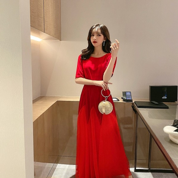 Γυναικεία μακρύ βελούδο και τούλι φόρεμα σε κόκκινο και μπλε χρώμα