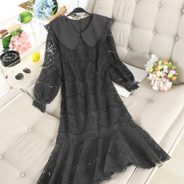 Hosszú csipkeruha gallérral fehér, bézs és fekete színben