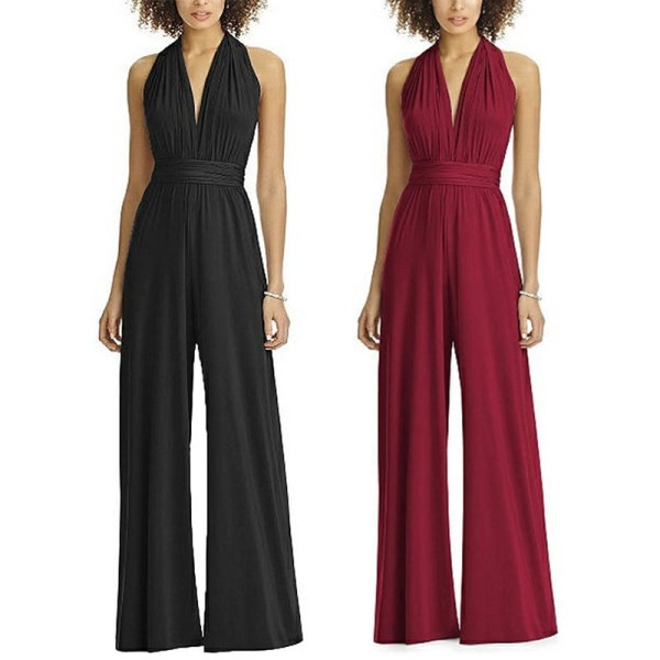 Modern női overál mély nyakkivágással, fekete és piros pántokkal