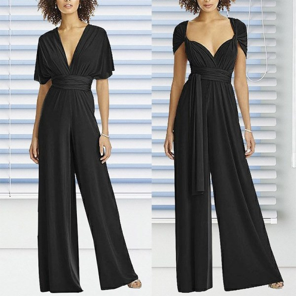 Modern női overál mély nyakkivágással, fekete és piros pántokkal