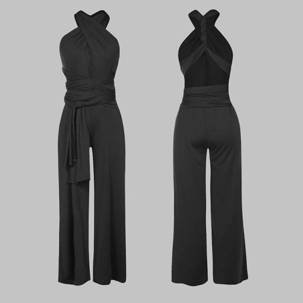 Modern női overál mély nyakkivágással, fekete és piros pántokkal