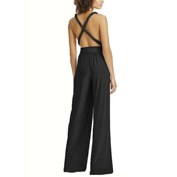 Modern női overál mély nyakkivágással, fekete és piros pántokkal