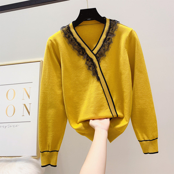 Modern női pulóver spitz nyakkivágással és csipkével, négy színben