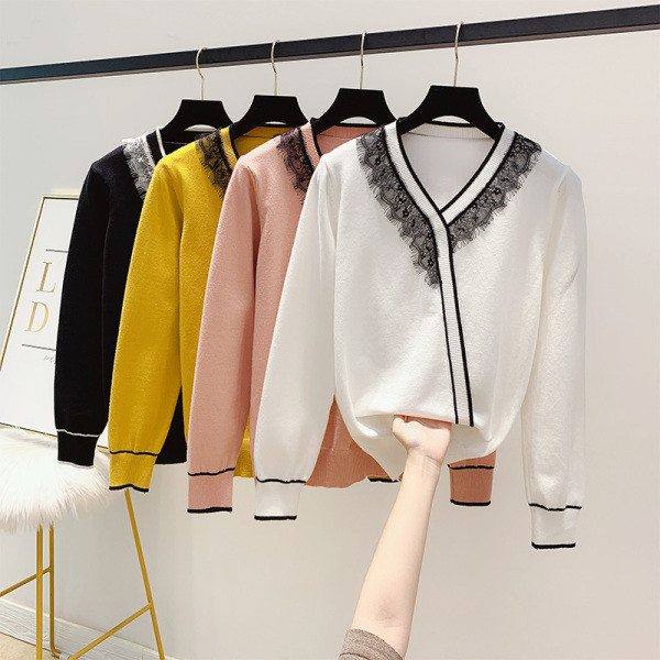 Modern női pulóver spitz nyakkivágással és csipkével, négy színben