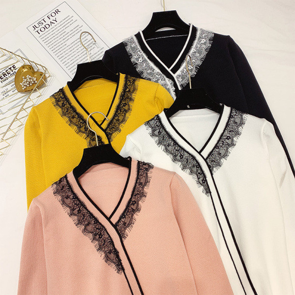 Modern női pulóver spitz nyakkivágással és csipkével, négy színben