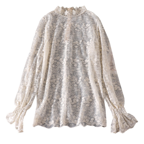 Modern női ing magas gallérral és csipkével, bézs és fehér színben