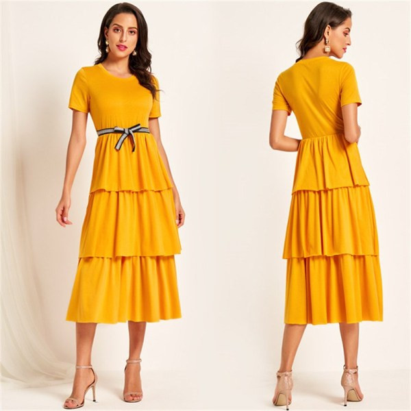 Modern női hosszú ruha rövid ujjú, O-nyakú sárga színben