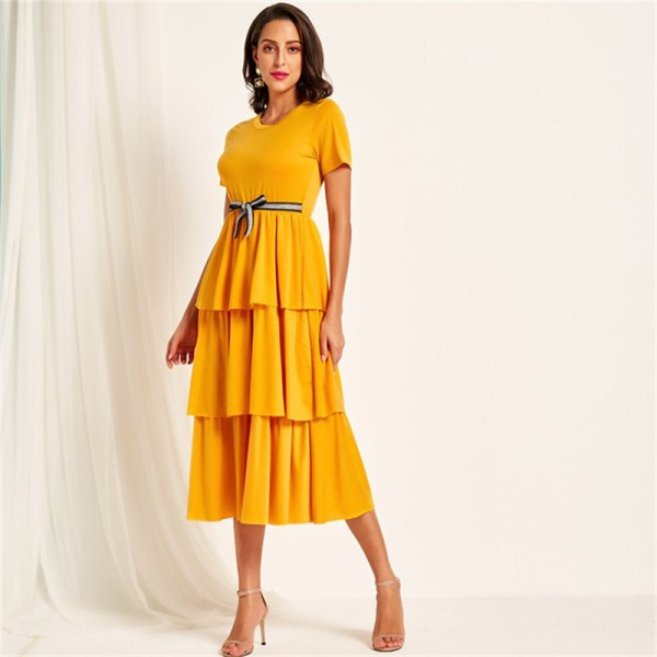 Modern női hosszú ruha rövid ujjú, O-nyakú sárga színben
