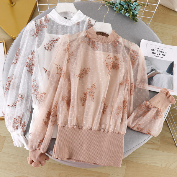 Modern női csipkeblúz hímzéssel, hosszú ujjú három színben