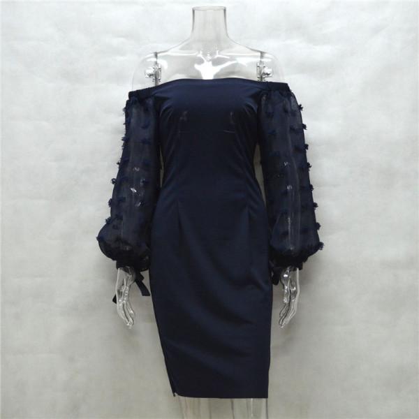 Modern női rövid ruha cipzárral és tüll kék színben