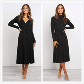 Modern női ruha két modellben V-nyakkal és magas gallérral fekete színben